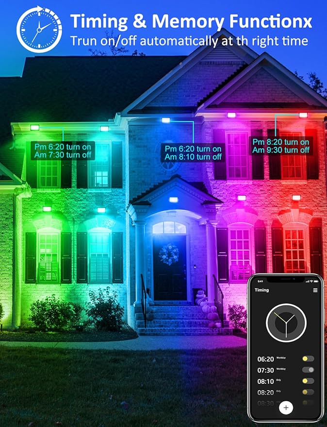 RGB LED Flood Light Outdoor 300W Equivalent, 30W Bluetooth RGBCW Smart Floodlights 2700K, 16 Million Color Changing, Timing, Music Sync, IP66 Waterproof Landscape Lighting with US Plug (4 Pack)