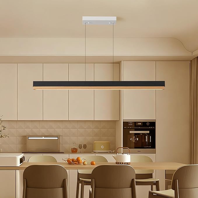 43" Wood Linear Pendant Light, 24W LED Dimmable Hanging Pendant Light, Wood Linear Chandelier with Remote, Modern Pendant Lights Kitchen Island for Dining Room, Bar, Office-Natural