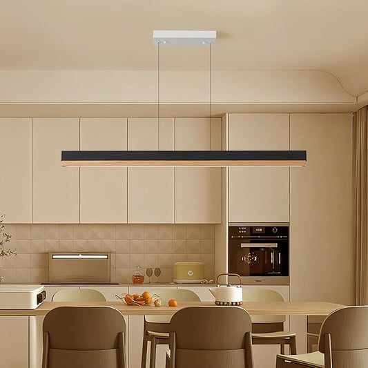 43" Wood Linear Pendant Light, 24W LED Dimmable Hanging Pendant Light, Wood Linear Chandelier with Remote, Modern Pendant Lights Kitchen Island for Dining Room, Bar, Office-Natural