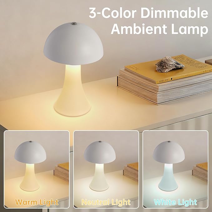 Rechargeable Cordless Table Lamp, Battery Operated Touch Control Lamp with 3-Color Stepless Dimming, Portable LED Light for Restaurant, Bedroom, Outdoor, Dinner, Patio