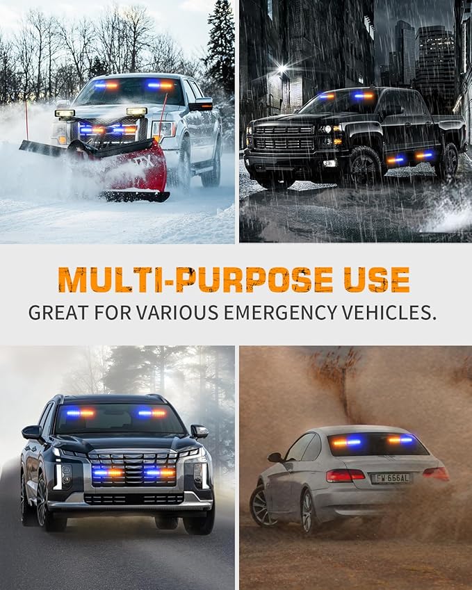 XRIDONSEN 2x 10.7 inch Amber Blue Emergency Lights 24 LED Warning Flashing Safety Dash Side Window Front/Rear Windshield Strobe Lights Traffic Advisor Bar for Tow/Plow Trucks Construction Vehicles