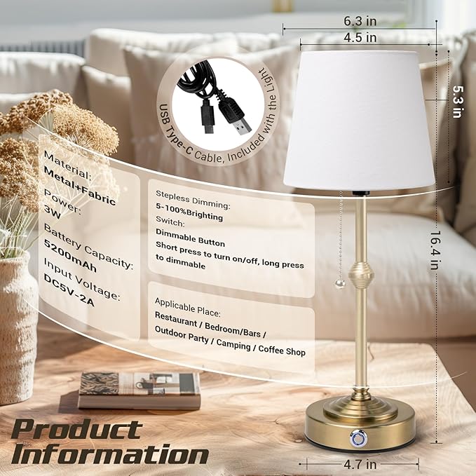 Rechargeable Cordless Table Lamp, Battery Powered Lamp,3 Level Brightness - Bedside Night Lamp, Ambient Light for Restaurant, Home, Bedroom, Dining Room, Camping, Cafe(Gold)
