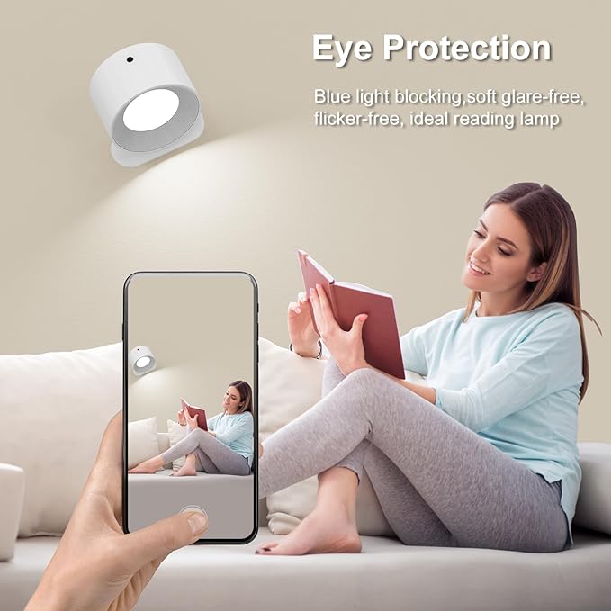 2PACK Romote LED Wall Sconce - Rechargeable Wall Light, 3 Colors & 3 Brightness Levels, 360° Magnetic Rotating Head, Bedside Reading Lamp, Easy Install Battery Operated Wall Lamp Black