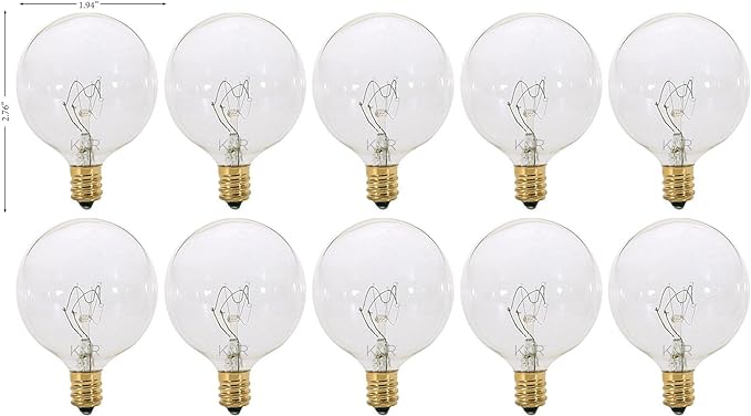 KOR (Pack of 10) G16.5 Clear FinshDecorative (E12) Candelabra Base Globe Shape Incandescent 120V G16 1/2 Light Bulbs (25)