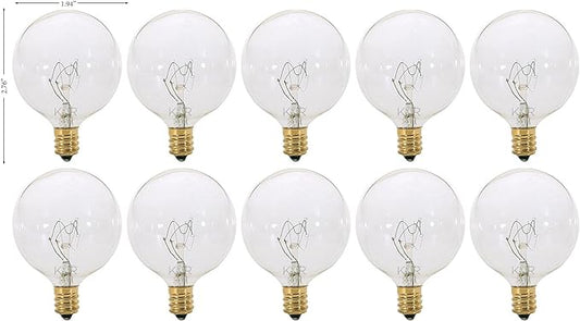 KOR (Pack of 10) G16.5 Clear FinshDecorative (E12) Candelabra Base Globe Shape Incandescent 120V G16 1/2 Light Bulbs (25)