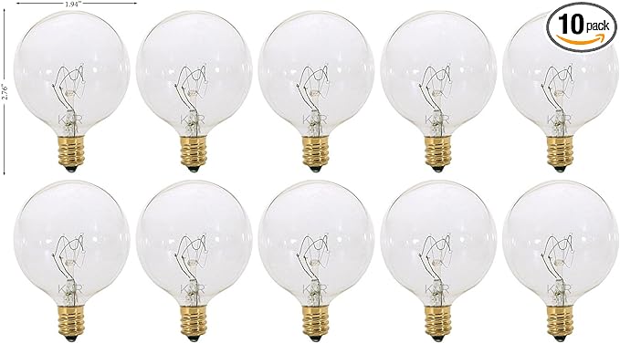 KOR (Pack of 10) G16.5 Clear FinshDecorative (E12) Candelabra Base Globe Shape Incandescent 120V G16 1/2 Light Bulbs (15)