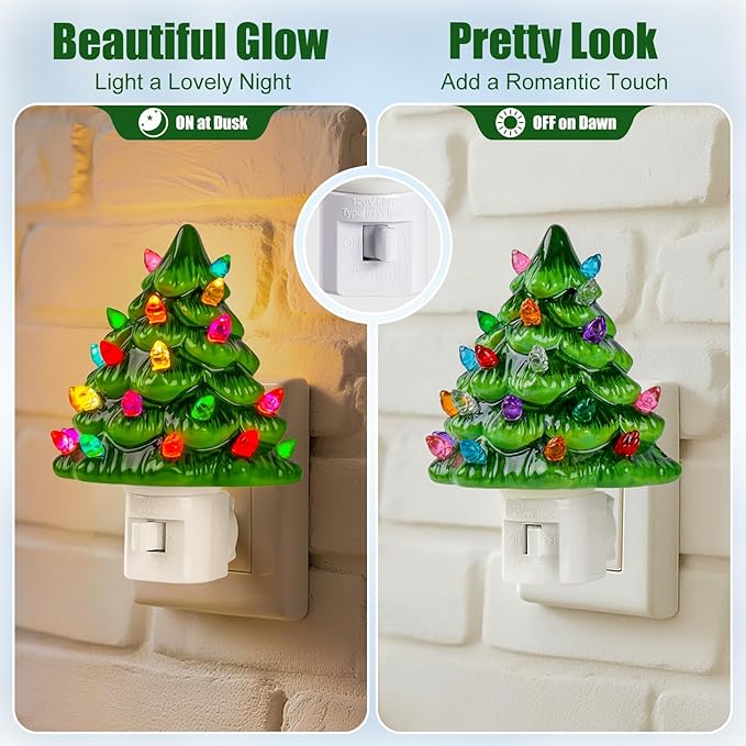 Brightown Ceramic Christmas Tree Night Light - 2 Pack Vintage Christmas Night Light with ON/Off Switch, 5.2" Decorative Ceramic Tree Light for Bedroom Bathroom Living Room Porch Xmas Holiday Decor