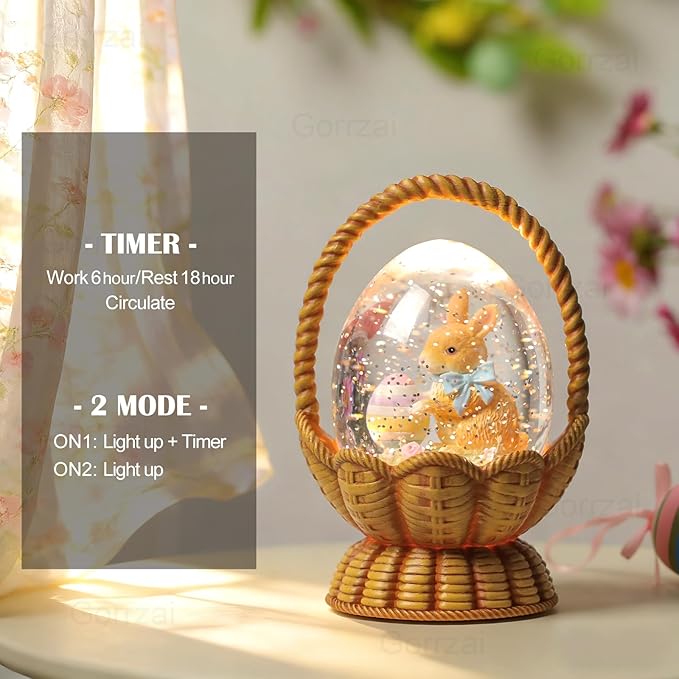 Easter Snow Globe Lantern Bunny Easter Decorations for Home with Timer Swirling Glitter, Lighted Indoor Decor Gifts with Basket Eggs, USB or Battery Operated