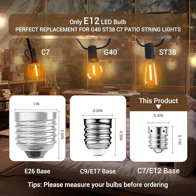 KGC ST38 LED String Light Bulbs, 1.5 Inches Shatterproof LED Replacement Bulbs for Outdoor String Lights, 0.6Watt Equvanlent to 7Watt Incandescant Bulbs, E12 Screw Base, 2700K, 25Pack