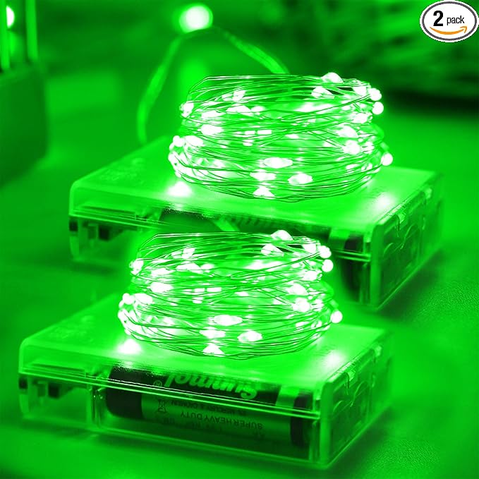 YAOZHOU St Patrick’s Day Decorations Green Fairy String Lights,Christmas Indoor Battery Operated with Timer, 2 Pack Total 33FT 100 Led Mini Battery Powered Mason Jar Firefly Lights DIY Party
