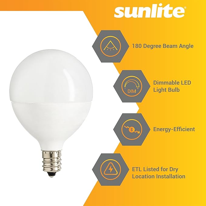 Sunlite G16.5 Light Bulb LED, 5W (40W Equiv.), 350 Lumens, Dimmable, Type G Globe Shape E12 Candelabra Base, Short Bulbs, Vanity Mirror Bulbs, 2700K Soft White, Frosted, 6 Count