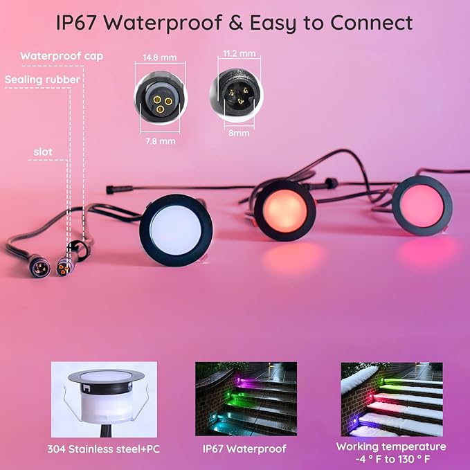 LED Deck Lights Kit, 50 Pack 1.77" RGBW+IC Multicolor Dynamic Low Voltage Recessed Landscape Lights, IP67 Waterproof 12V Step Light Outdoor for Garden Yard Path Ground Stairs, Work with Alexa/Google