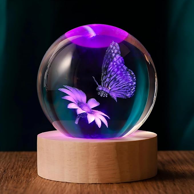 3D Butterfly 60mm Crystal Ball Butterfly Figurine Night Light Lamp Gifts for Women Wife Girlfriend Couple Her