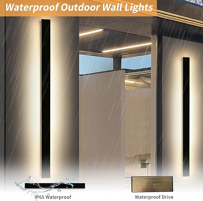 Mikeru 71" 2Pack Outdoor Wall Sconce 3000K Warm White - IP65 Waterproof Black Exterior Light, Hardwired Wall Mounted Fixture for Porch, Patio & Entryway | Non-Dimmable Weatherproof Design