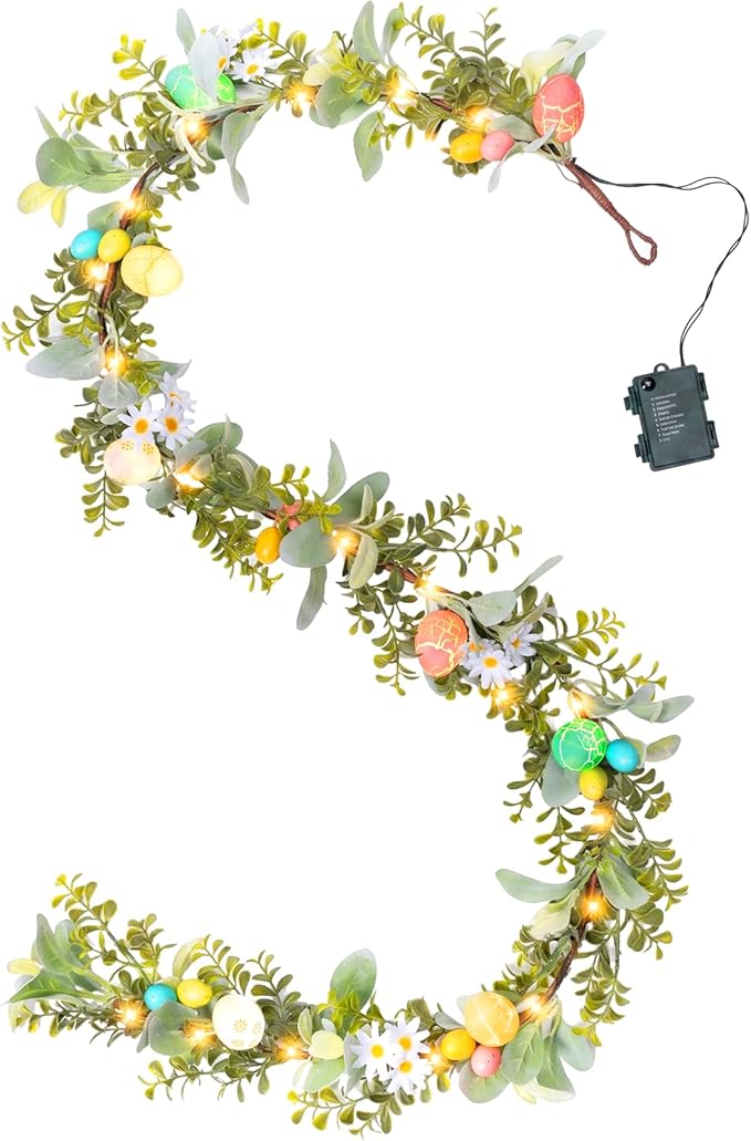 6FT Prelit Easter Garland with LED Lights & Timer, Battery Operated Easter Decorations with Daisies & Pastel Eggs, Artificial Lambs Ear Greenery for Mantle & Fireplace – Farmhouse Easter Egg Garland