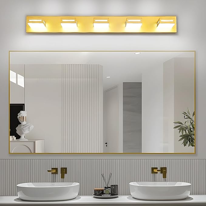 40-Inch 5-Light LED Modern Gold Bathroom Vanity Light Fixtures Over Mirror, Bathroom Lighting Fixtures with Cool White 6000K, Vanity Wall Lights for Bath Restroom Powder Room