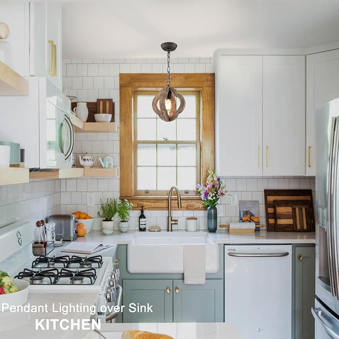9.84" Modern Farmhouse Wood Pendant Lights Kitchen Island 1-Light Orb Distressed Oak Pendant Light Rustic Ceiling Hanging Light for Kitchen Sink Dining Room Hallway Entryway Foyer Adjustable Chain E26