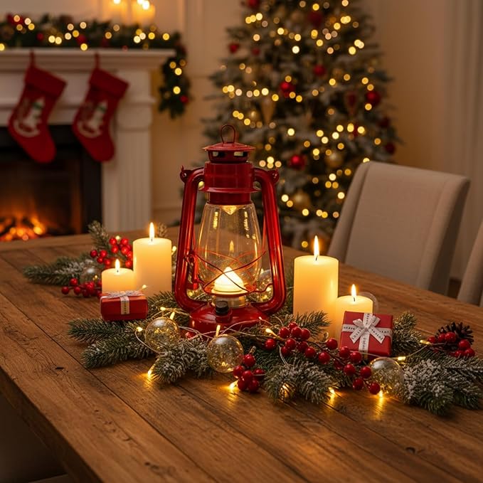 Hortsun 2 Pcs 12 Inch Vintage LED Hurricane Lantern Metal Red Outdoor Battery Operated Hanging Lantern with Warm LEDs and Dimmer Switch for Halloween Christmas Indoor Rustic Farmhouse Camping Decor