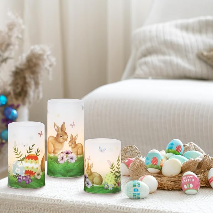 Eldnacele Easter Bunny Flameless Flickering Candles with 6H Timer Battery Operated Real Wax Candles Easter Eggs Lilies Rabbits Home Decor 4”5”6”H (3”D)