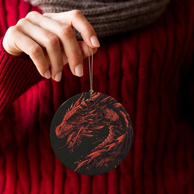 Cartoon Red Dragon Christmas Ornaments, Christmas Decorations Xmas Tree Hanging Ornaments, Round Ceramic Festive Keepsake Gift for Xmas Decorations Holiday Home Decor