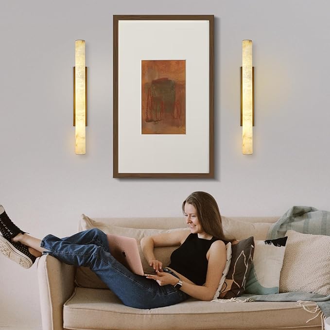 Brass Alabaster Wall Sconces, Spanish Natural Marble Wall Sconce, 36" Long Stone Wall Sconce Dimmable, Gold Alabaster Sconces Wall Lighting Indoor, Marble Wall Light for Bathroom, Living Room,Entryway