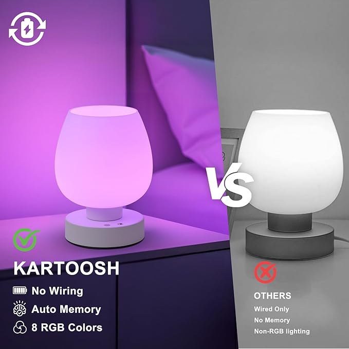 Cordless Touch Bedside Table Lamp, Rechargeable Battery Operated Desk Lamps with 8 RGB Colors, Dimmable Small Glass Nightstand Light for Living Room Bedroom Kitchen Counter