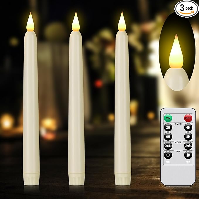 Flameless Taper Candles with Remote Control and Timer, Battery Operated LED Candlesticks with Flickering 3D Flame, 9.6×0.8 Inches Plastic Fake Candles for Christmas, Wedding and Home Decor (Ivory, 3)