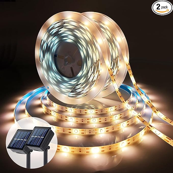 Solar LED Light Strip Outdoor Tape Rope Lights Waterproof 10ft Garden Path Decorative Lighting with 8 Modes for Outside, Wrap, Party, Stair, Step, Gazebo, Yard, Wedding, 2 Pack