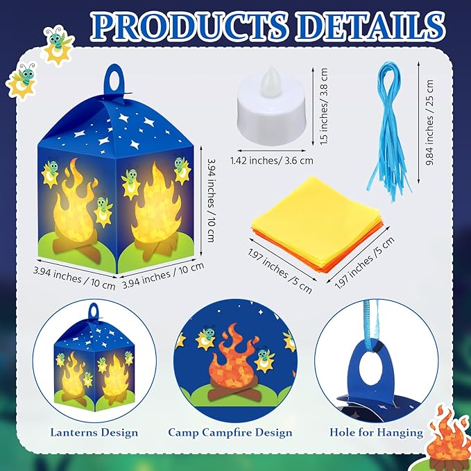12 Sets Camp Crafts with LED Candles Lights Camping Campfire Vbs Tissue Paper Crafts Kits DIY Campfire Lantern Hanging Ornaments for Vbs Sunday School Party Activities