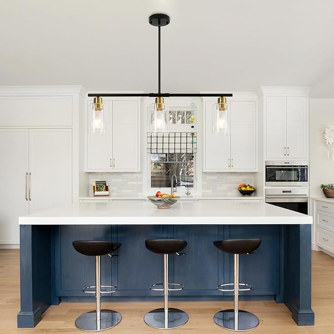 WILON Kitchen Island Lighting, 3 Lights Black Linear Chandeliers Modern Farmhouse Chandelier with Glass Shades for Kitchen Island Living Dining Room Foyer Bedroom (Black Gold, 3 Lights)