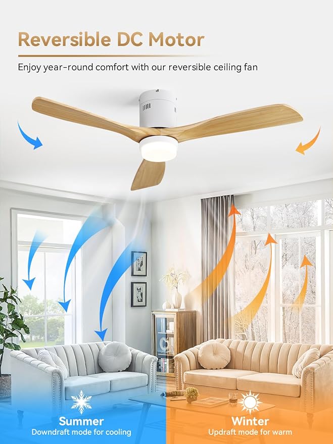 Sofucor Ceiling Fan with Lights, 52 Inch Low Profile Flush Mount Modern Wood Ceiling Fan with Remote for Indoor Farmhouse Bedroom Living Room Outdoor Patio Porch, Reversible DC Motor, Noiseless