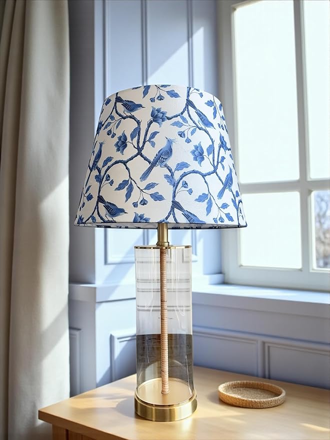 Tristan Home Blue & White Chinoiserie Empire Lamp Shade – 14" Bottom x 10" Height – Textured Velvet Bird Floral Pattern – Spider Fitter Replacement Shade