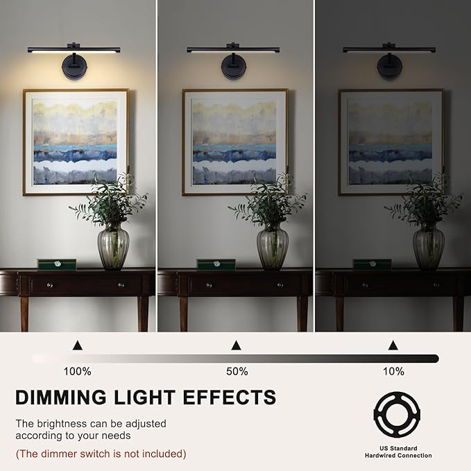 Hardwired 15.7 Inch 7W Black Picture Lights for Wall LED Picture Frame Light Dimmable Painting Lights for Wall Portrait Artwork Warm White