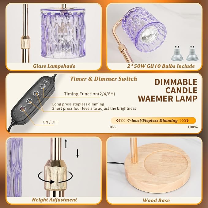 Candle Warmer Lamp with Timer and Dimmer, Height and Brightness Adjustable,Glass Electric Wax Warmer with 2 Bulbs for Women Mom Gifts, Home Decor for Scented Jar Candles (Purple)