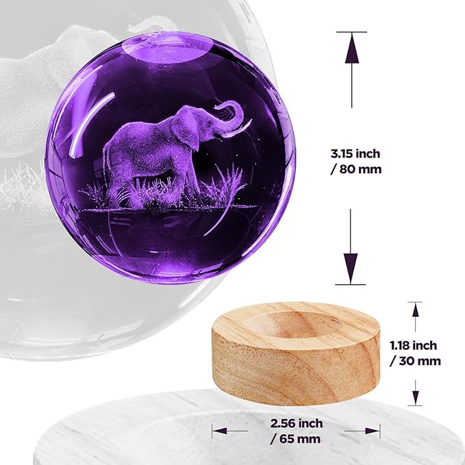 3D Elephant Crystal Ball Night Light With 16 Color Wooden Base, Upgraded 3.15 Inch Glass Ball Lamp With Remote for Birthday Holiday Xmas, Cool Toy Decor Gifts for Boys Girls Kids
