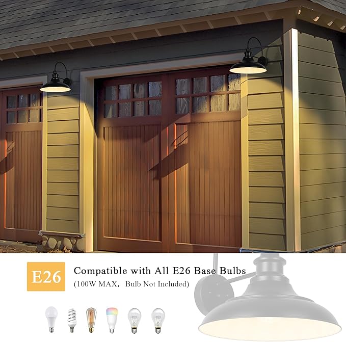 Dusk to Dawn Sensor Outdoor Barn Light Fixtures, 12.3 Inch Dome Farmhouse Outdoor Wall Sconces, Gooseneck Exterior Wall Mount Lights, Industrial Black White Wall Lanterns for Porch, DDRZ004-4 BK+WH