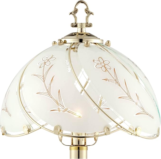 Regency Hill Traditional Accent Table Lamp 15" High Polished Brass Gold Floral Etched Art Glass Shade Touch On Off Cottage Core Decor for Bedroom House Bedside Nightstand Home Office