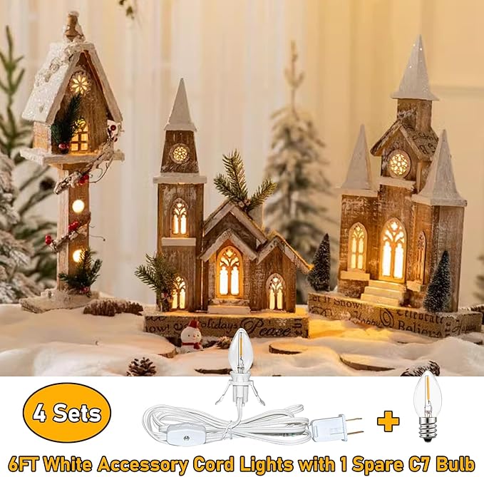 4 Sets 6FT White Accessory Cord with 8pcs LED Night Light Bulbs (4 Spare), E12 Socket C7 Bulbs Clip Lights with 360 Degrees On/Off Switch Plugs for Craft Lighting Halloween Christmas House Decorations