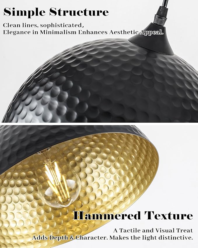 Hammered Pendant Lights Kitchen Island 2 Pack, 12 Inch Black Dome Pendant Light, Industrial Hammered Pendant Light, Island Pendant Lights for Kitchen, Dining Room, Cafe