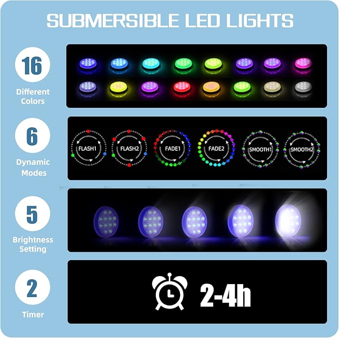 Pool Lights, Rechargeable Submersible Led Lights with Remote, Built-in Magnet 16 Color Changing Floating Lights, IP68 Waterproof Underwater Lights for hot tubs, Pool Decor(2 Pack)