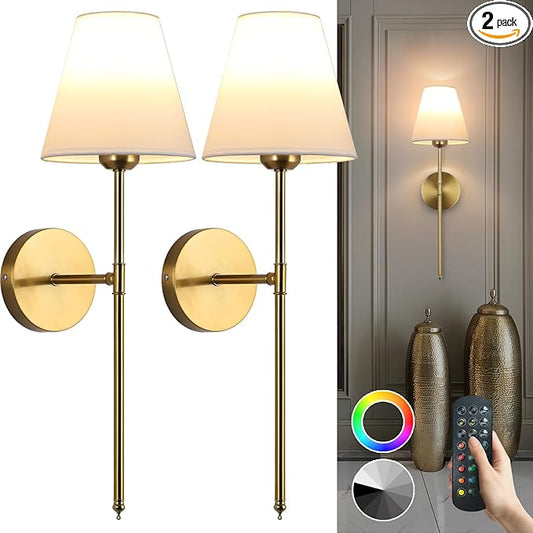 Battery Operated Wall Sconce Set of 2, 15 Colors Wireless Wall Light With Dimmable Remote Control Last 18-50 Hours, Gold Rechargeable Wall Lamp With White Fabric Shade For Living Room Bedroom Hallway