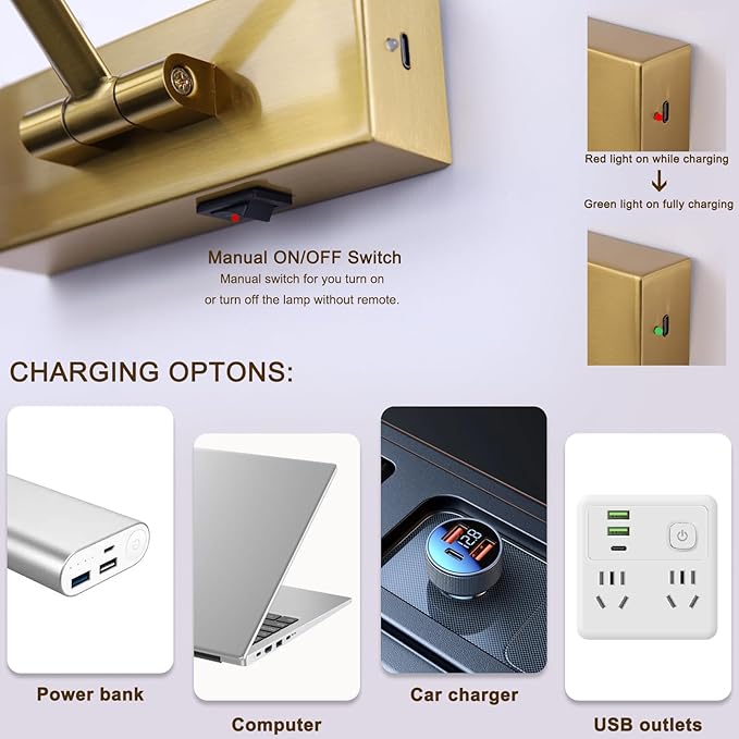 Wireless Picture Lights for Wall Battery Operated Brass Art Light for Paintings with Remote 3CCT Dimmable Potrait Lighting Rotatable Display Lighting 16" Rechargeable Wall Lamp for Frame Dartboard