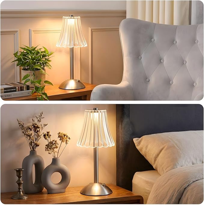 Liliful 2 Pcs Cordless Table Lamp Rechargeable Touch LED Small Gold Portable Battery Operated USB-c Desk Lamp 3 Color Dimmable for Bedroom Living Room Dining (Silver,Rose Style)
