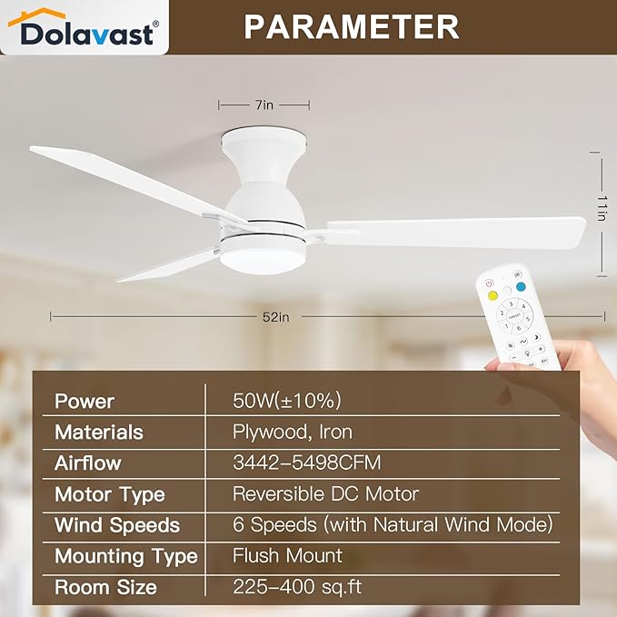 Ceiling Fans with Lights and Remote, 52 Inch Ceiling Fan with Light, Low Profile Reversible Ceiling Fans, Dimmable LED, Flush Mount, Quiet, DC Motor, White Ceiling Fan for Bedroom, Office