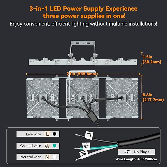 300W LED Outdoor Flood Light, 30000LM Super Bright Stadium Light, 6000K Daylight White, IP66 Waterproof 3 Heads Adjustable Outdoor Floodlights, Backyard, Court, Garden(2 Pack)