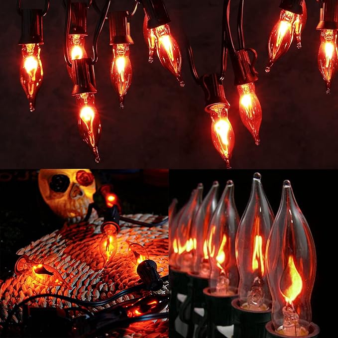 Halloween Flickering Light Bulbs 12 Pack, C18 Flickering Flame Light Bulbs E12 Candle Base for Halloween Candelabra Window Candle Lamp Halloween Replacement Bulbs