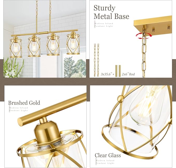 4-Light Kitchen Island Lighting, Modern Brushed Gold Dining Room Light Fixtures with Clear Glass, Farmhouse Industrial Linear Chandelier Pendant Light with Adjustable Chain, CH9176BG-4IS