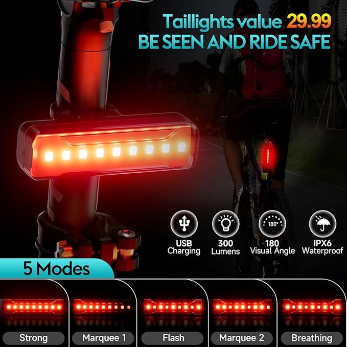 6 LED Super Bright Bike Light for Night Riding,5800 Lumens Upgrade Aluminum 6000 mAh Rechargeable Bicycle Light,Runtime 48+hrs,10 Modes Waterproof Safety Bike Headlight Taillight for Outdoor Cycling