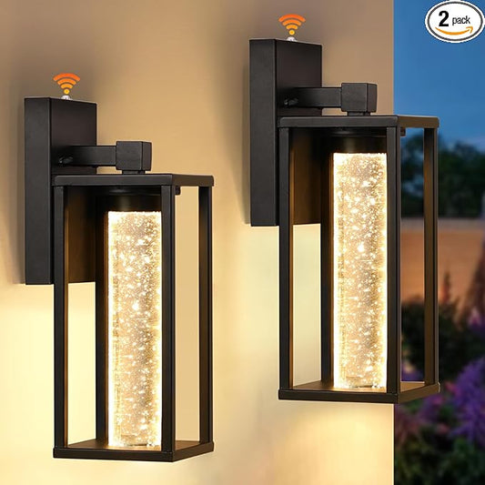 WIHTU Dusk to Dawn Porch Light, Sensor Outdoor Light Fixture for House with Crystal Bubble, Modern Matte Black Exterior Lighting Fixtures, 2 Pack Outside Lanterns for Garage Entryway