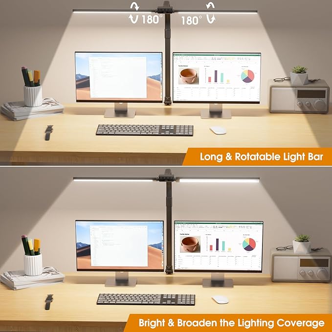 LED Desk Lamp for Home Office - Dimmable Computer Desk Light with Clamp, Modern Architect Task Lamp with Color Changing, Flexible Desktop Lamp with Gooseneck for Monitor, Double Head, Black
